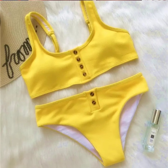 CLEARANCE Yellow Ribbed Button Up Bikini Swimsuit - Picture 2 of 3